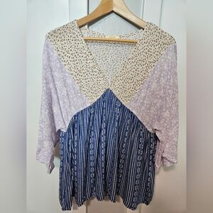 Oddi Boho Patchwork Mixed Print Top Medium Bell Sleeves Rayon